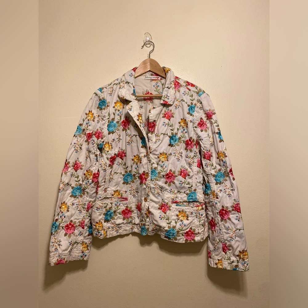 Johnny Was White Quilted Blazer Jacket with Floral Print. Size XL